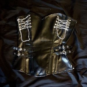Black Faux Leather Corset Top With Chains